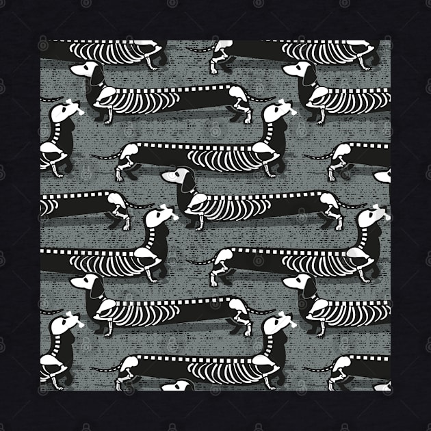 Spooktacular long dachshunds skeleton // pattern // green grey background skeleton dogs by SelmaCardoso